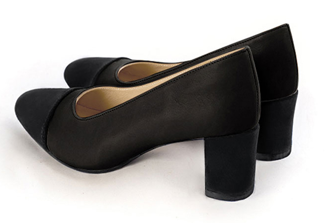 Matt black women's dress pumps, with a round neckline. Round toe. Medium block heels. Rear view - Florence KOOIJMAN